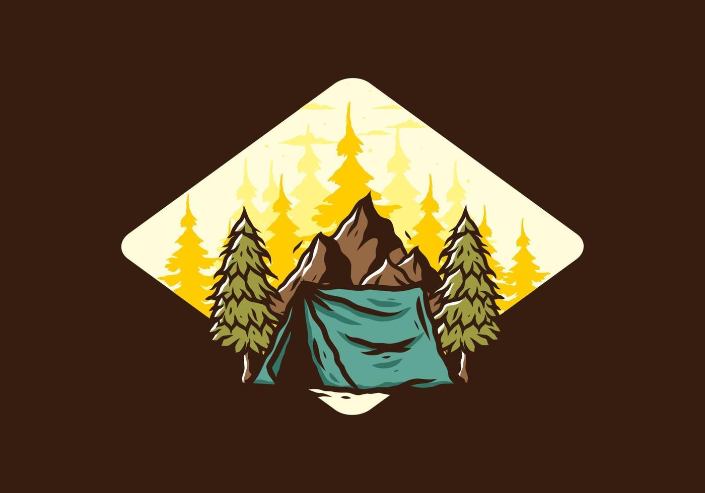 Camping tent in front of the mountain and between pine trees vector