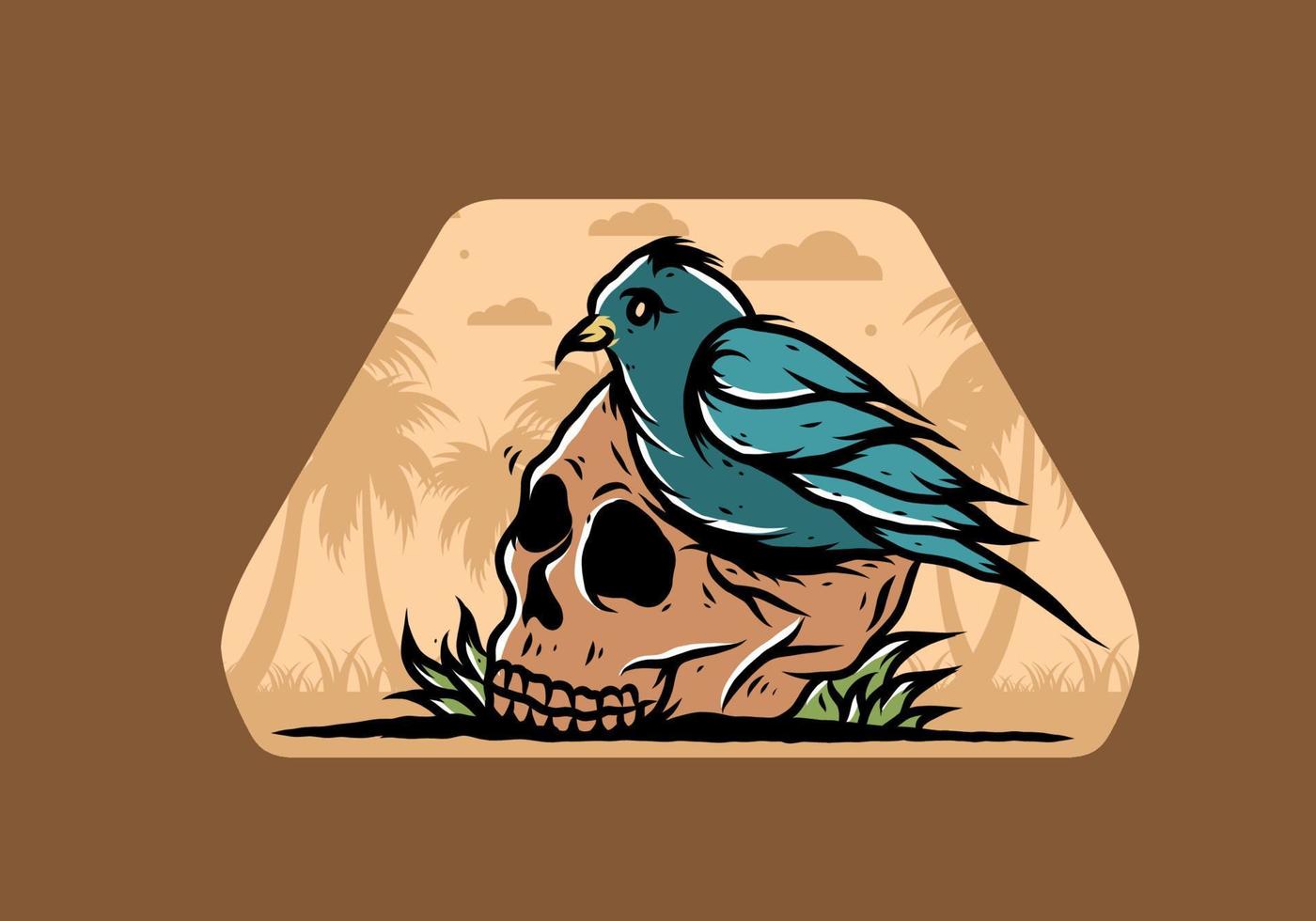 Bird nesting in skull illustration vector