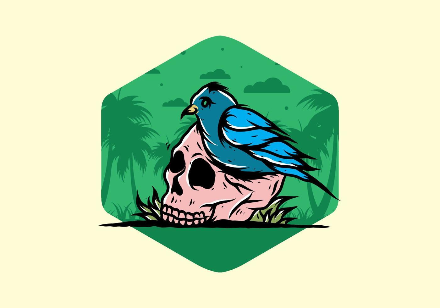 Bird nesting in skull illustration vector
