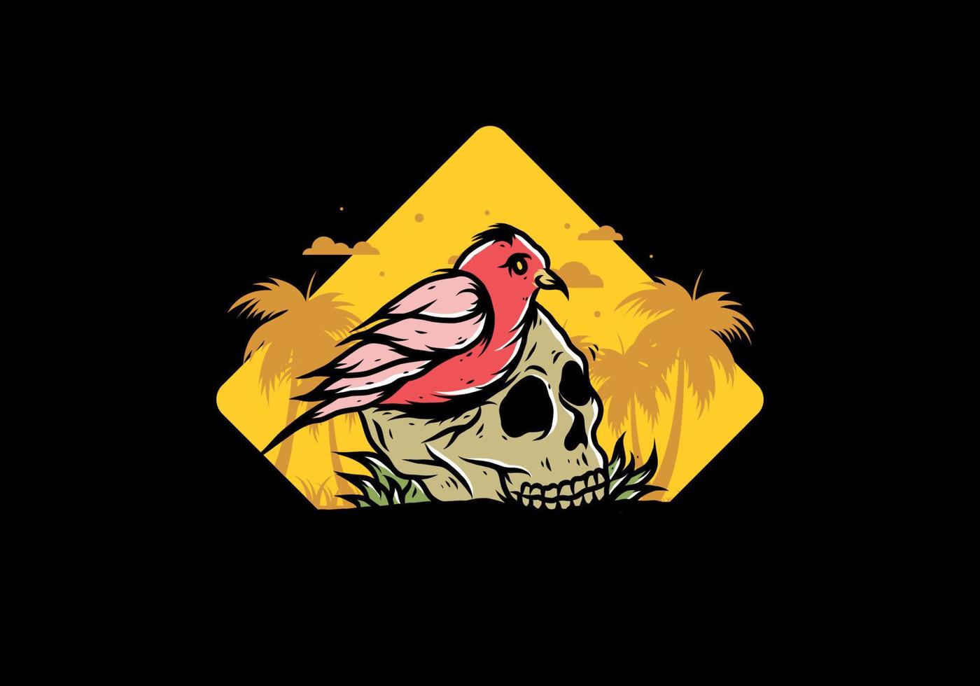 Bird nesting in skull illustration vector