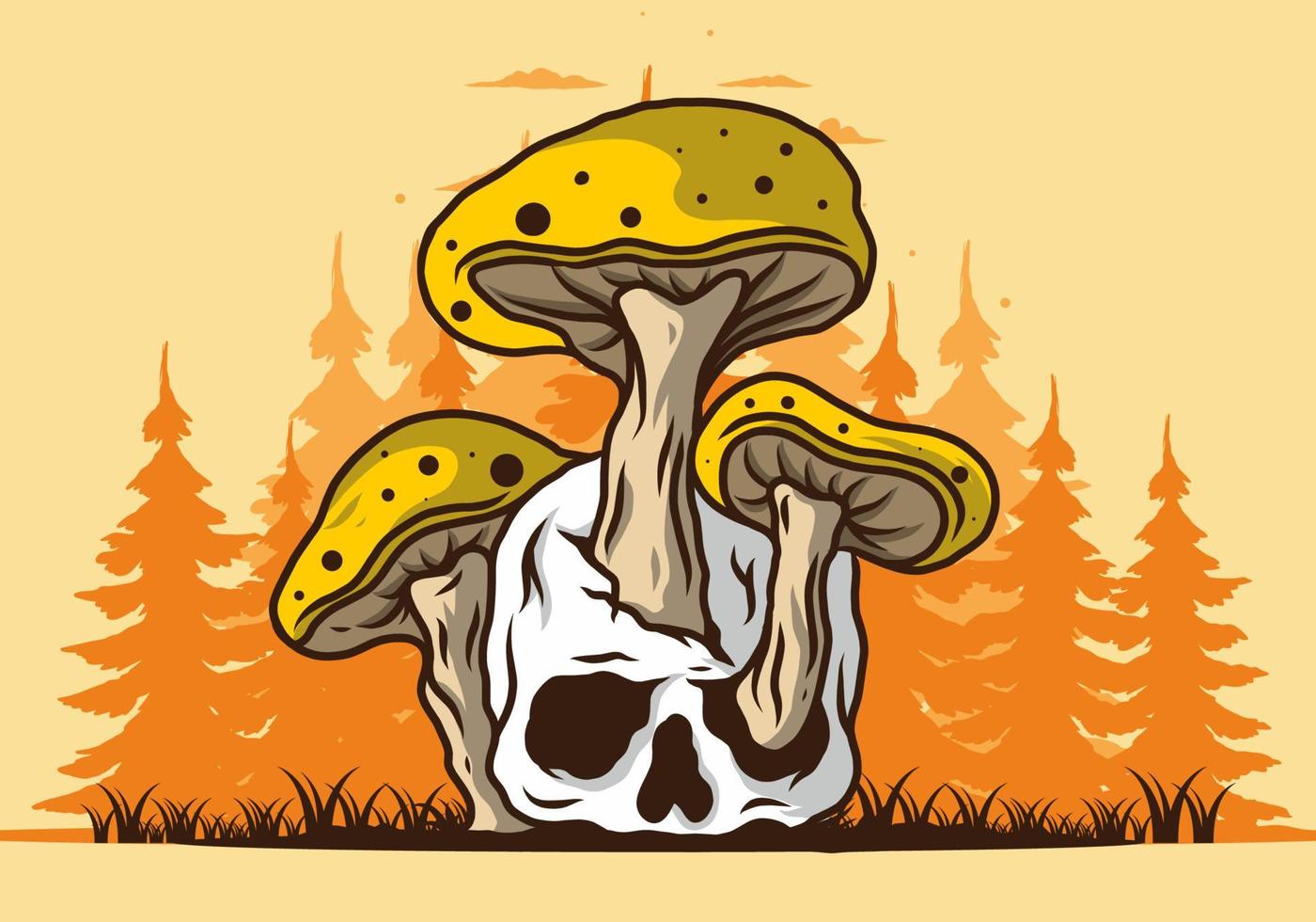 hongo que crece en la ilustración del cráneo humano vector