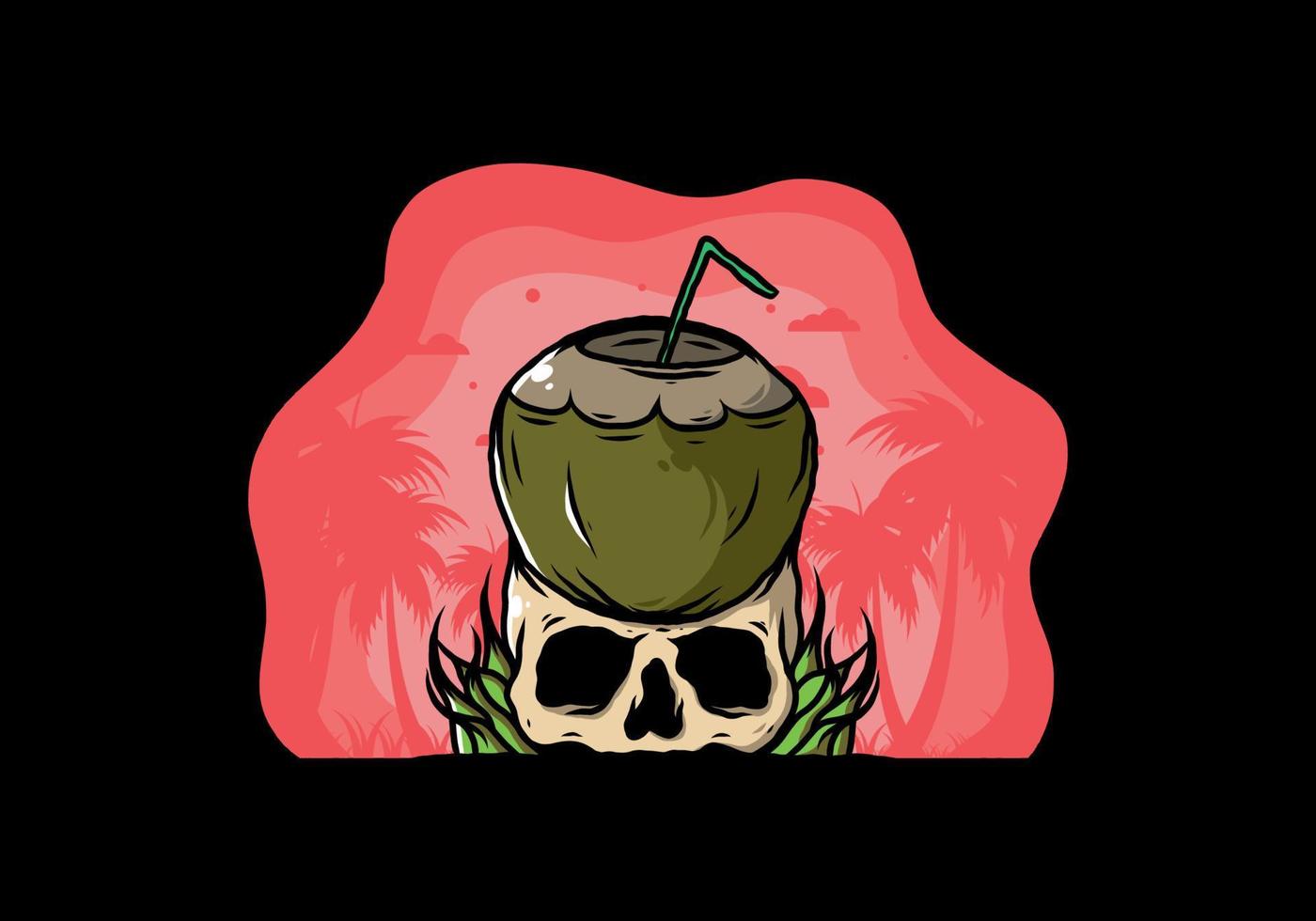 Coconut drink on human skull illustration vector