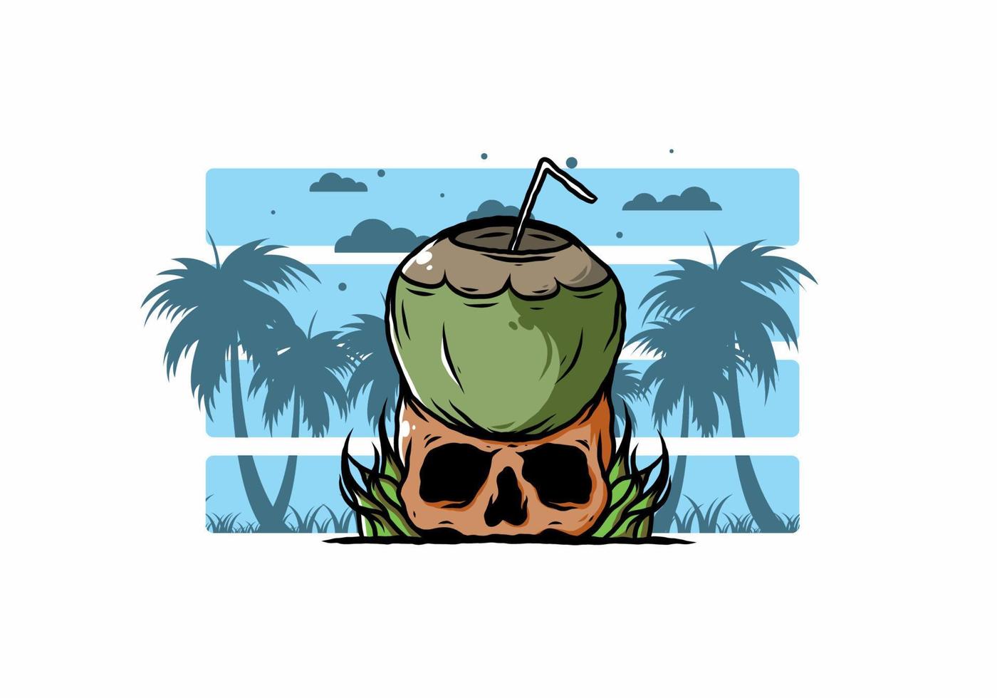 Coconut drink on human skull illustration vector