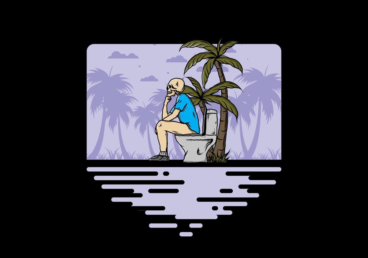 Skeleton man sit on outdoor toilet illustration vector