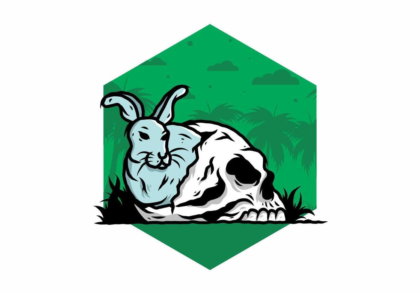 Rabbit hiding inside human skull illustration vector