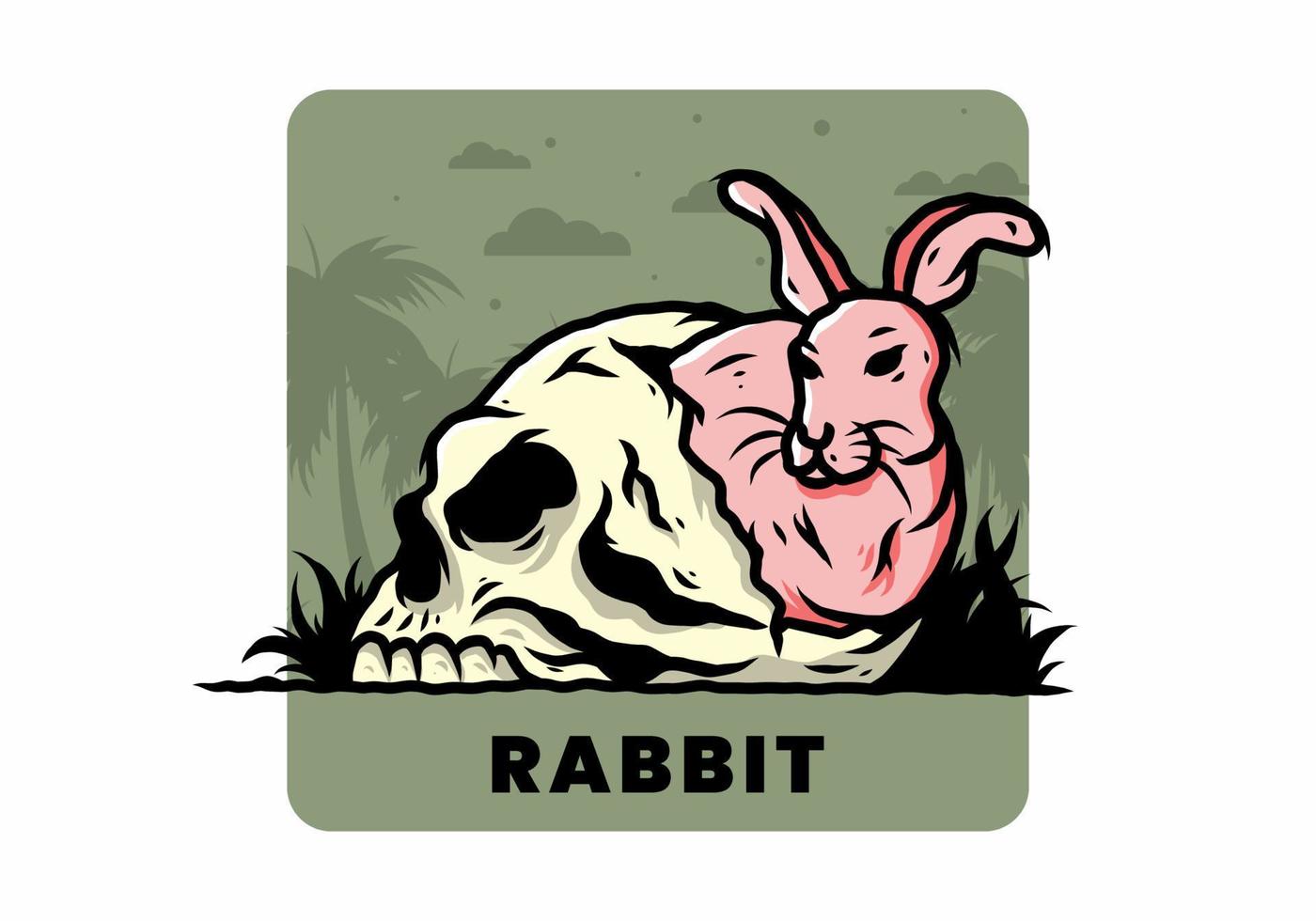 Rabbit hiding inside human skull illustration vector