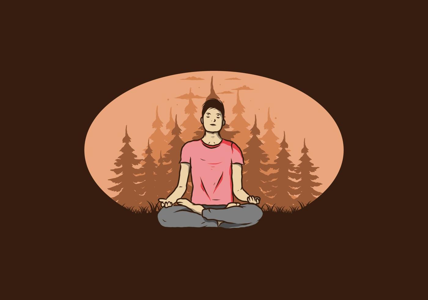 illustration of a someone doing yoga and meditating outdoors in a forest in nature among pine trees vector