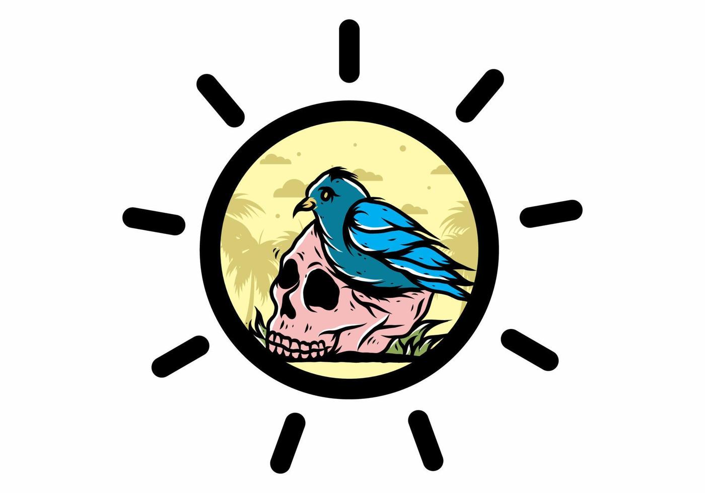 Bird nesting in skull illustration vector