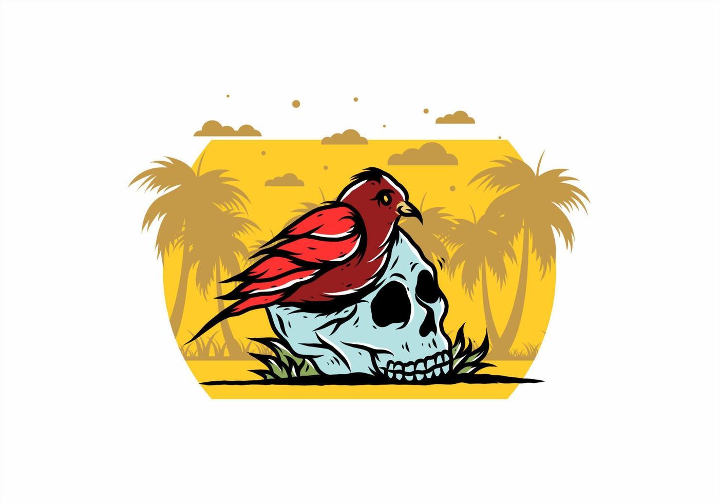 Bird nesting in skull illustration vector
