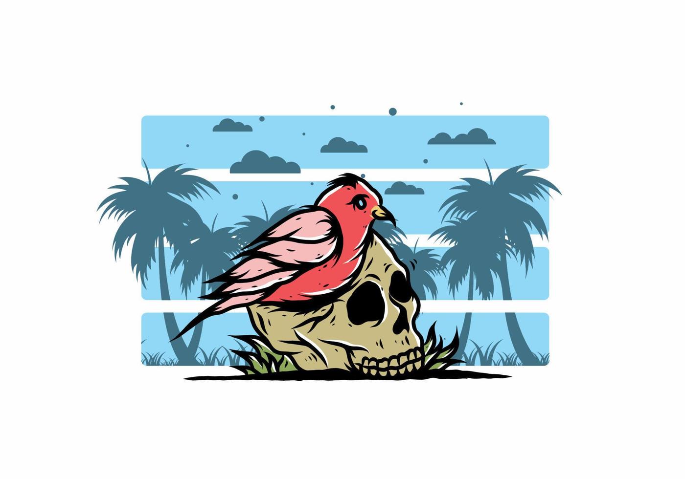 Bird nesting in skull illustration vector