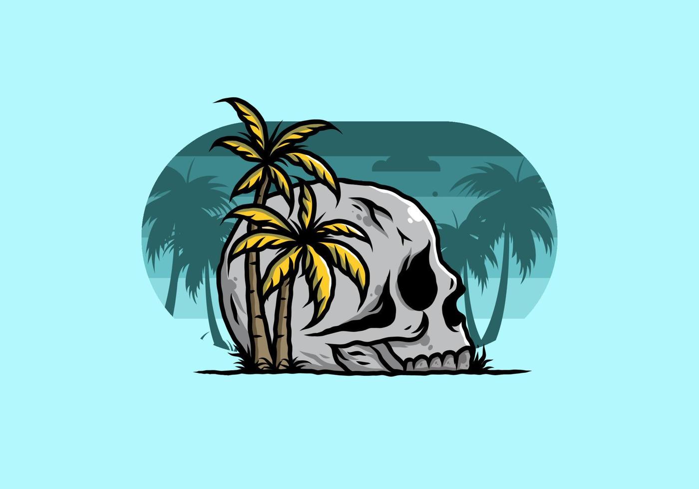 Skull head under coconut trees illustration vector