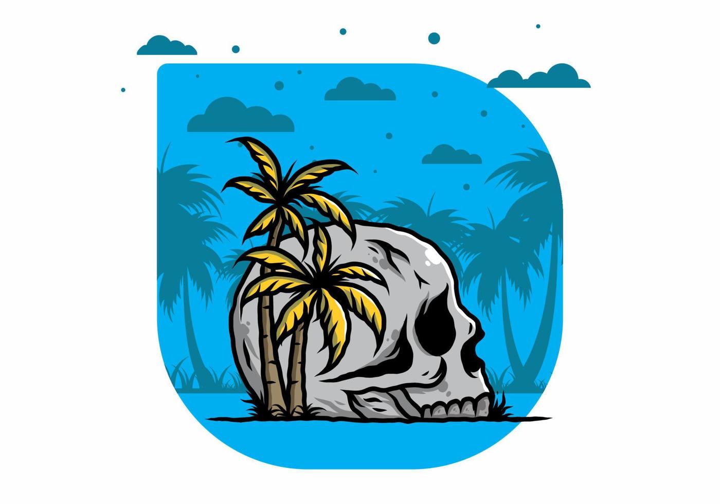 Skull head under coconut trees illustration vector