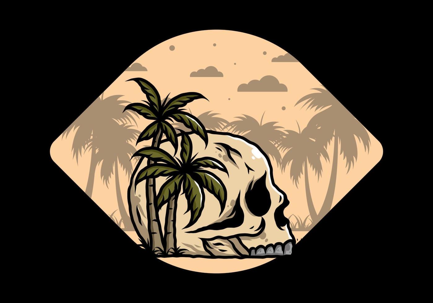 Skull head under coconut trees illustration vector