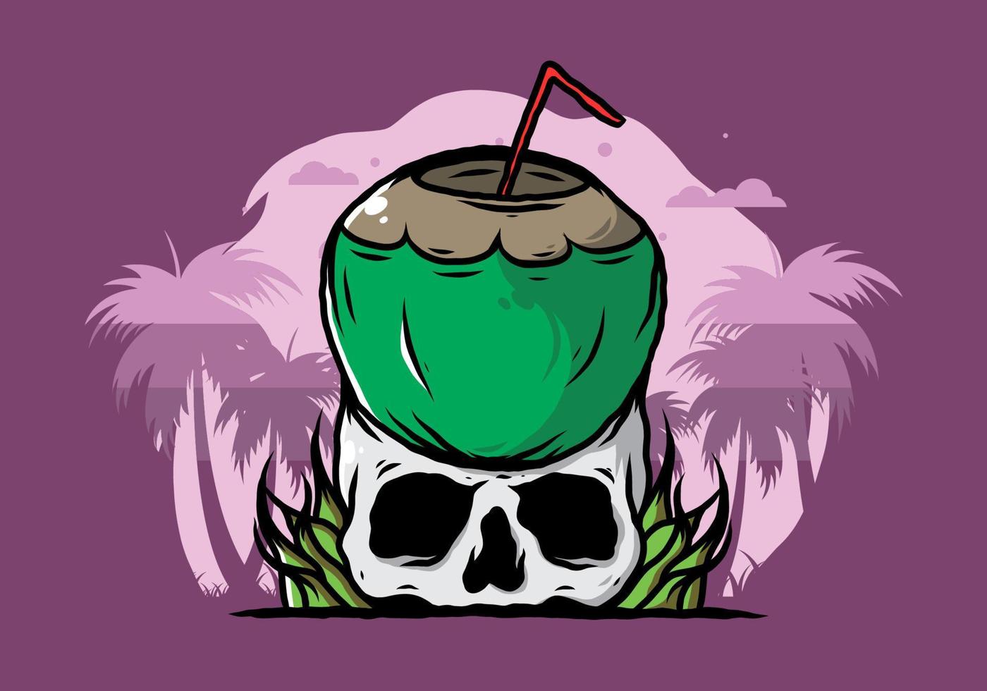 Coconut drink on human skull illustration vector