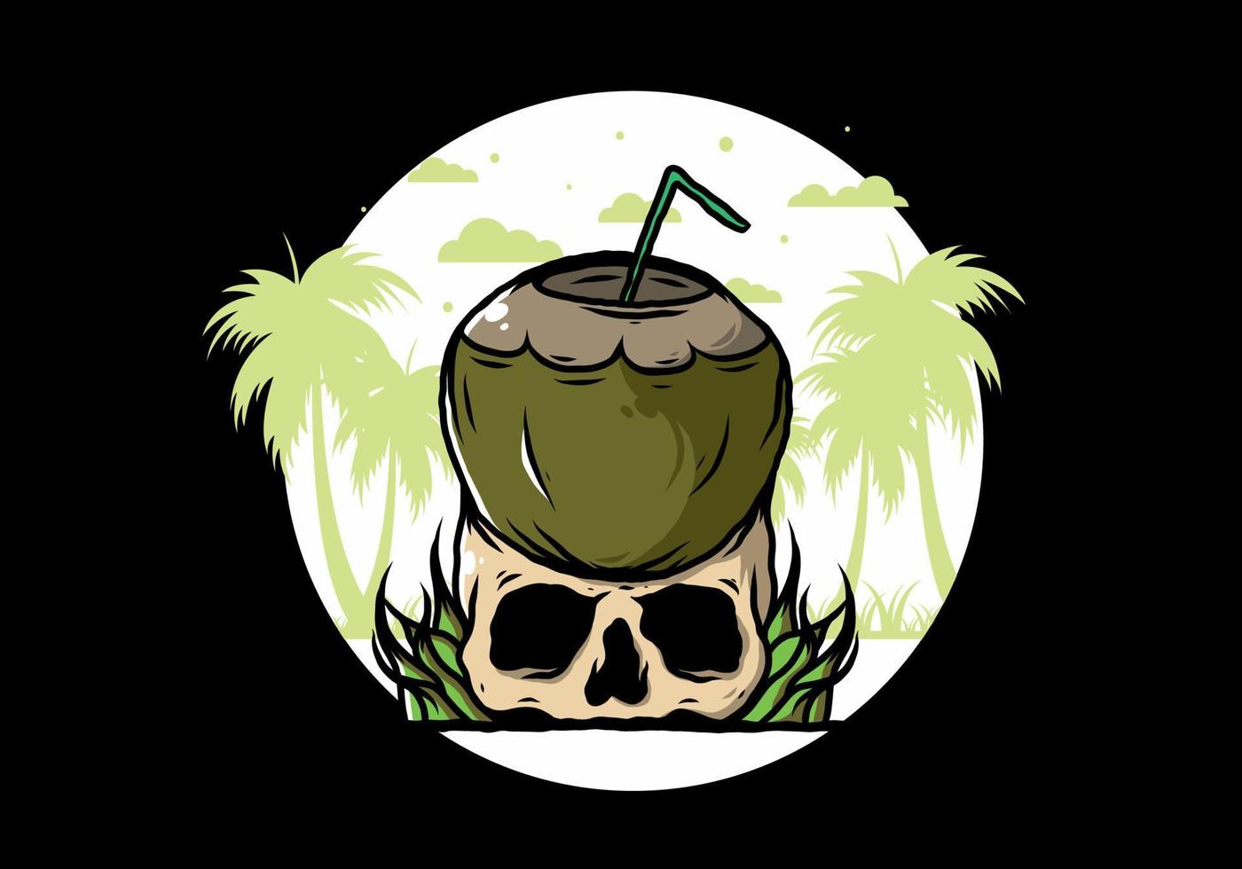 Coconut drink on human skull illustration vector