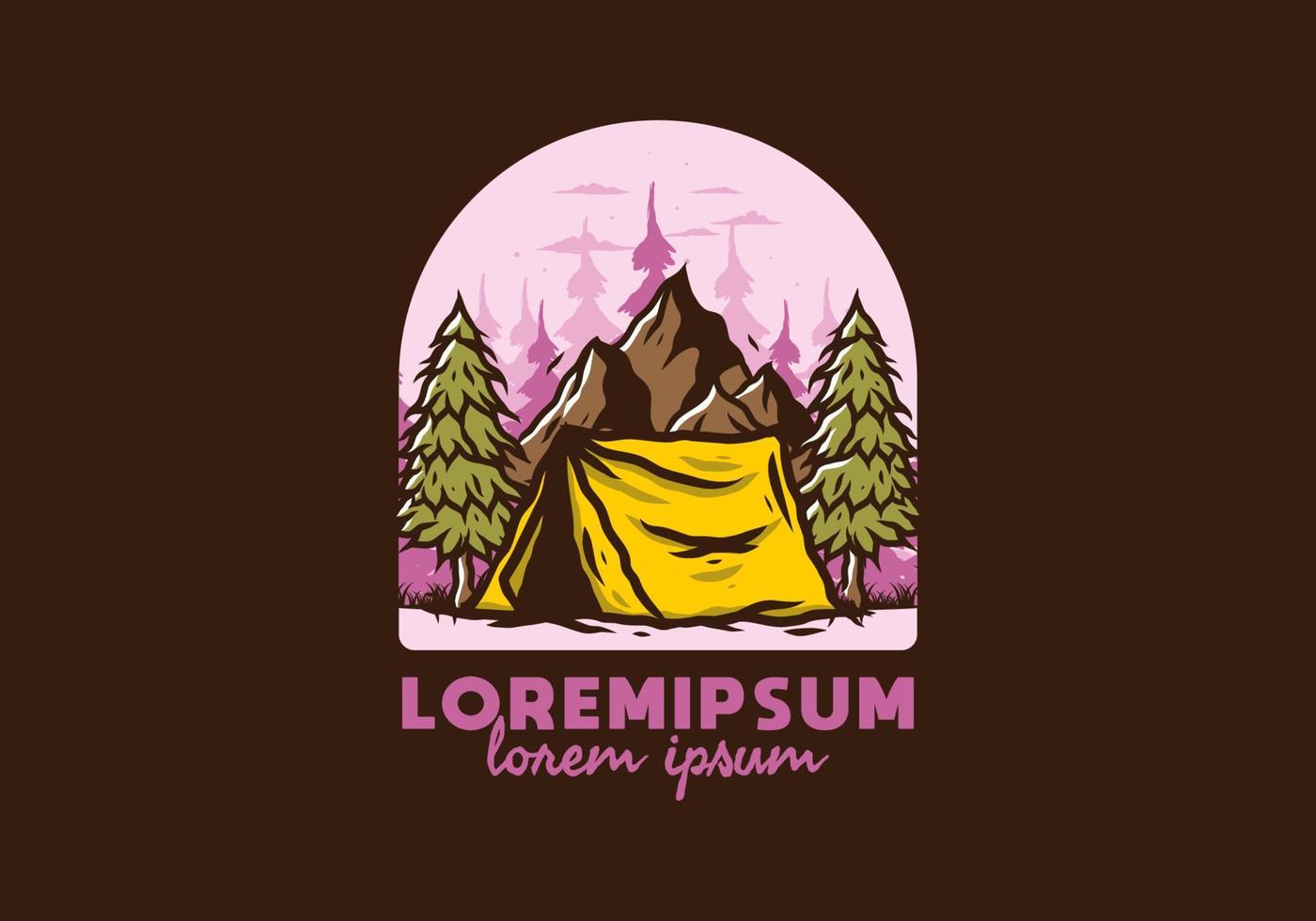 Camping tent in front of the mountain and between pine trees vector