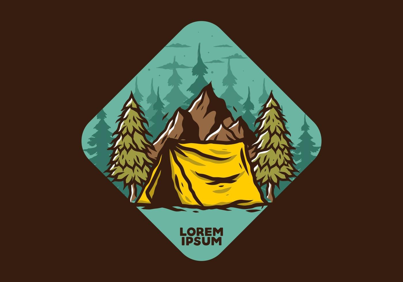 Camping tent in front of the mountain and between pine trees vector