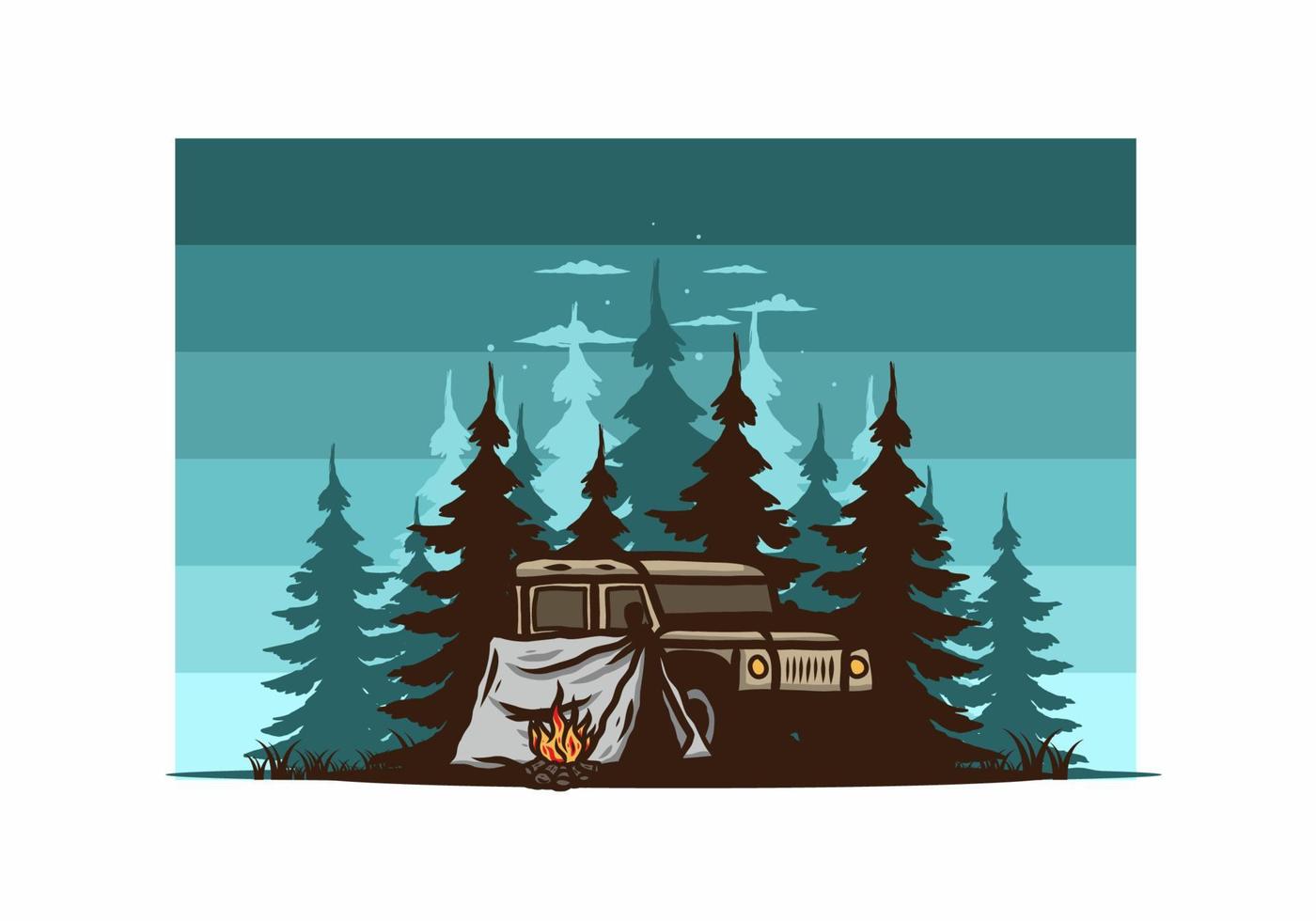 Camping beside the car in the forest illustration vector