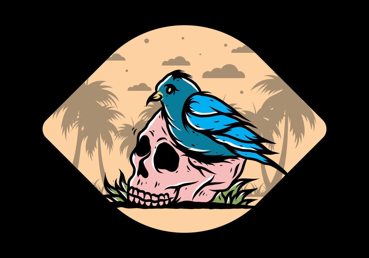 Bird nesting in skull illustration vector