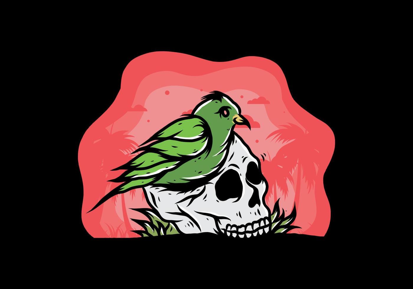 Bird nesting in skull illustration vector