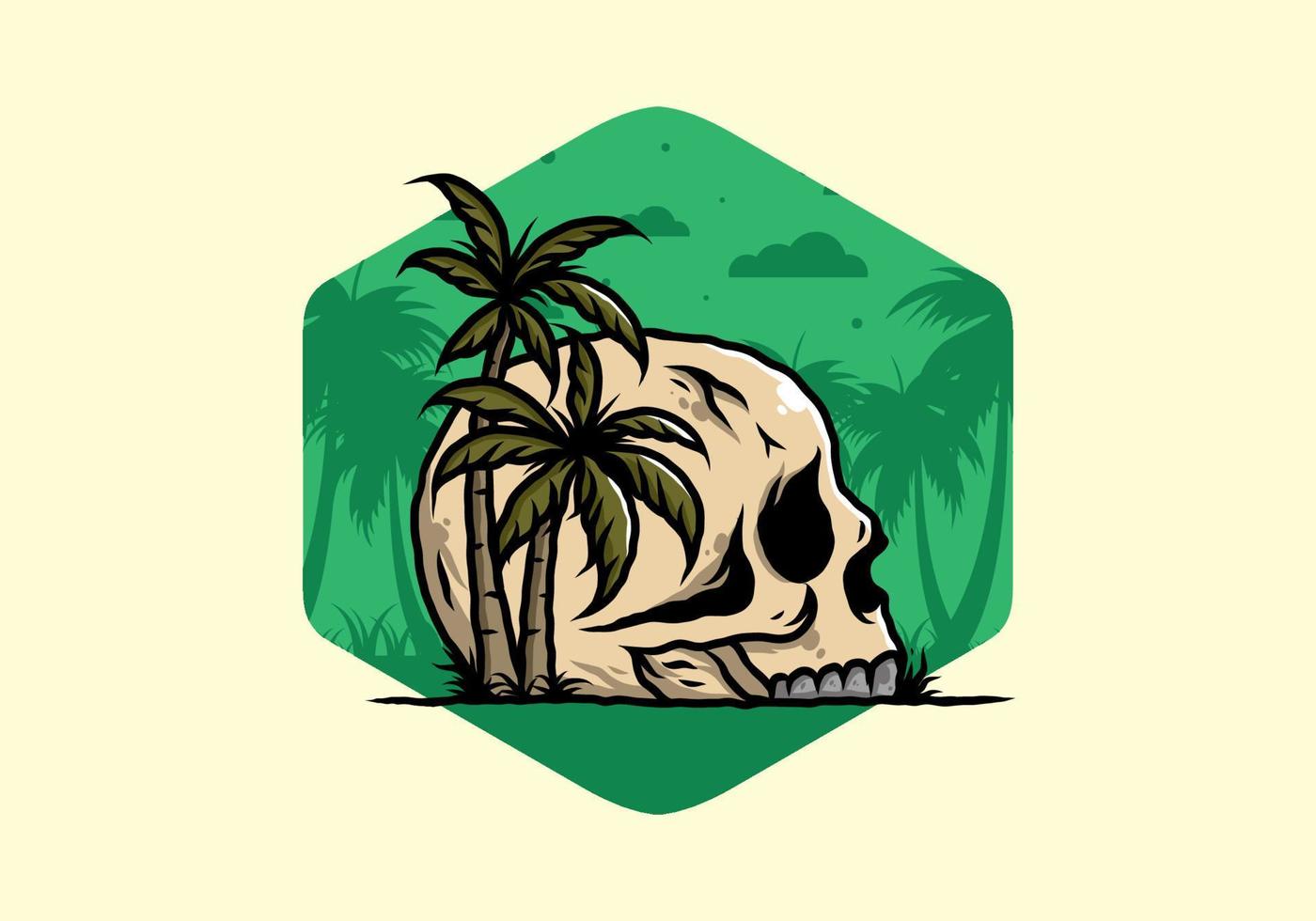 cabeza de calavera bajo la ilustración de árboles de coco vector