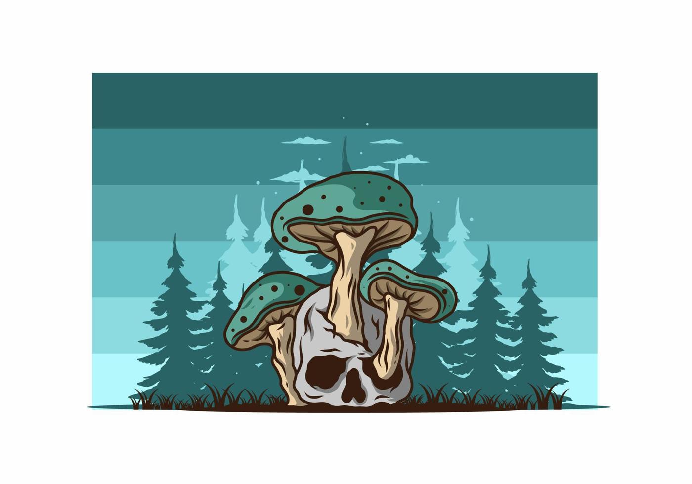 Mushroom growing on human skull illustration vector
