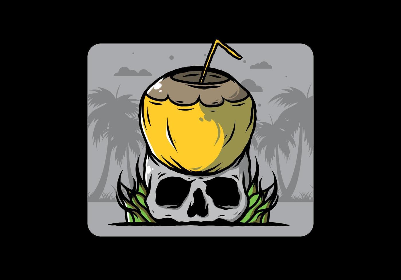 Coconut drink on human skull illustration vector