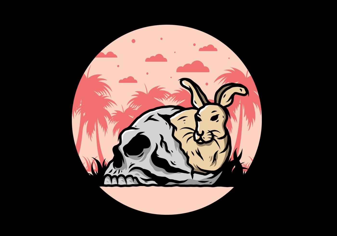 Rabbit hiding inside human skull illustration vector