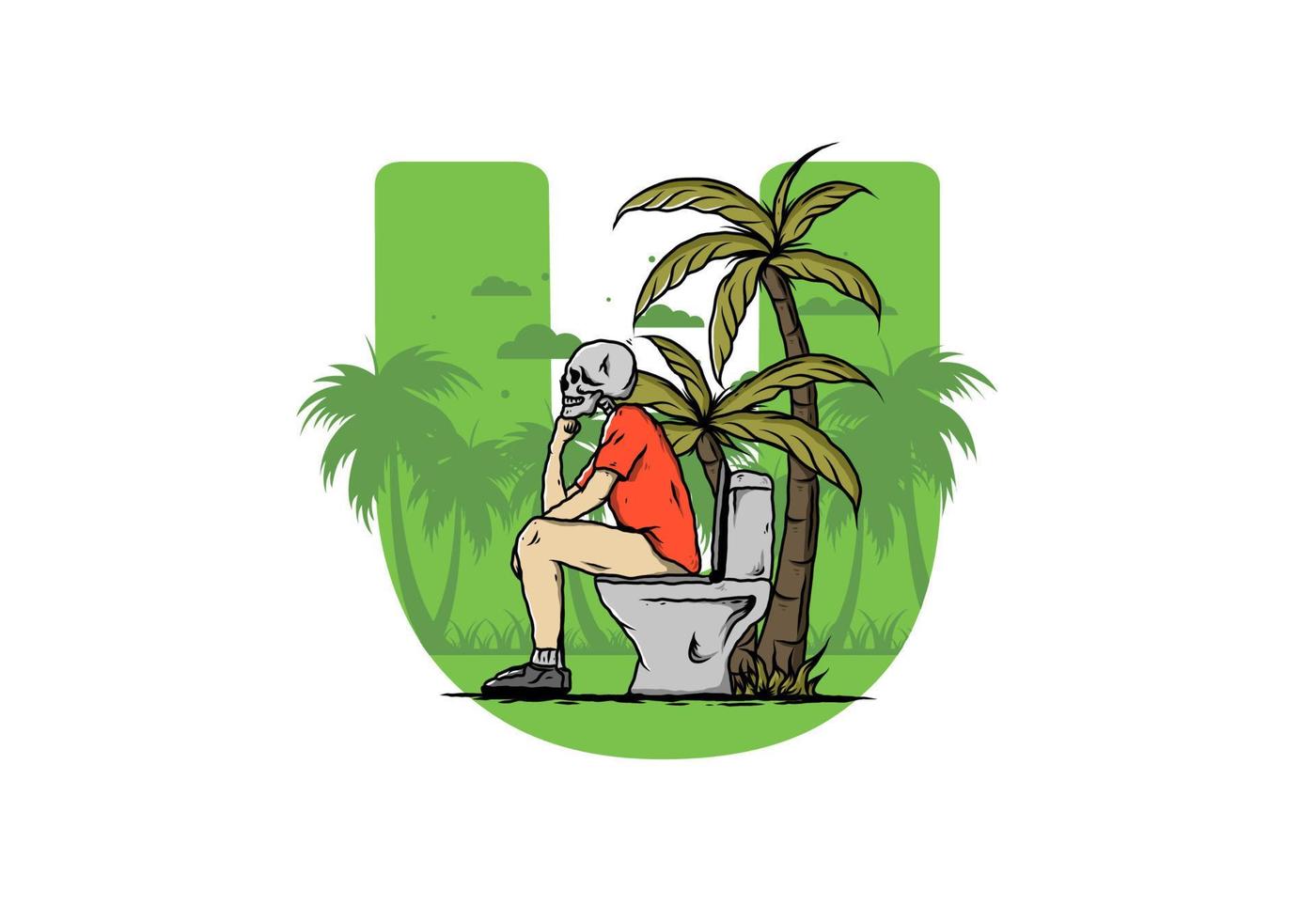 Skeleton man sit on outdoor toilet illustration vector