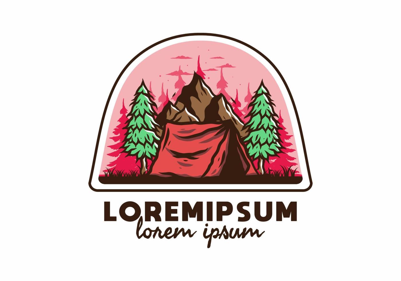 Camping tent in front of the mountain and between pine trees vector