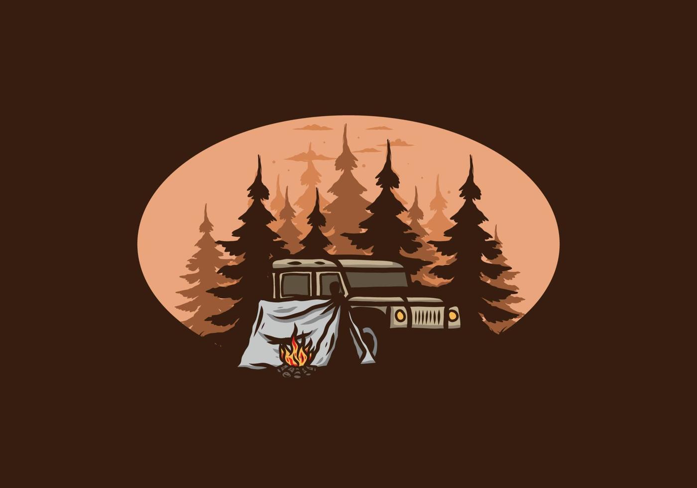 Camping beside the car in the forest illustration vector