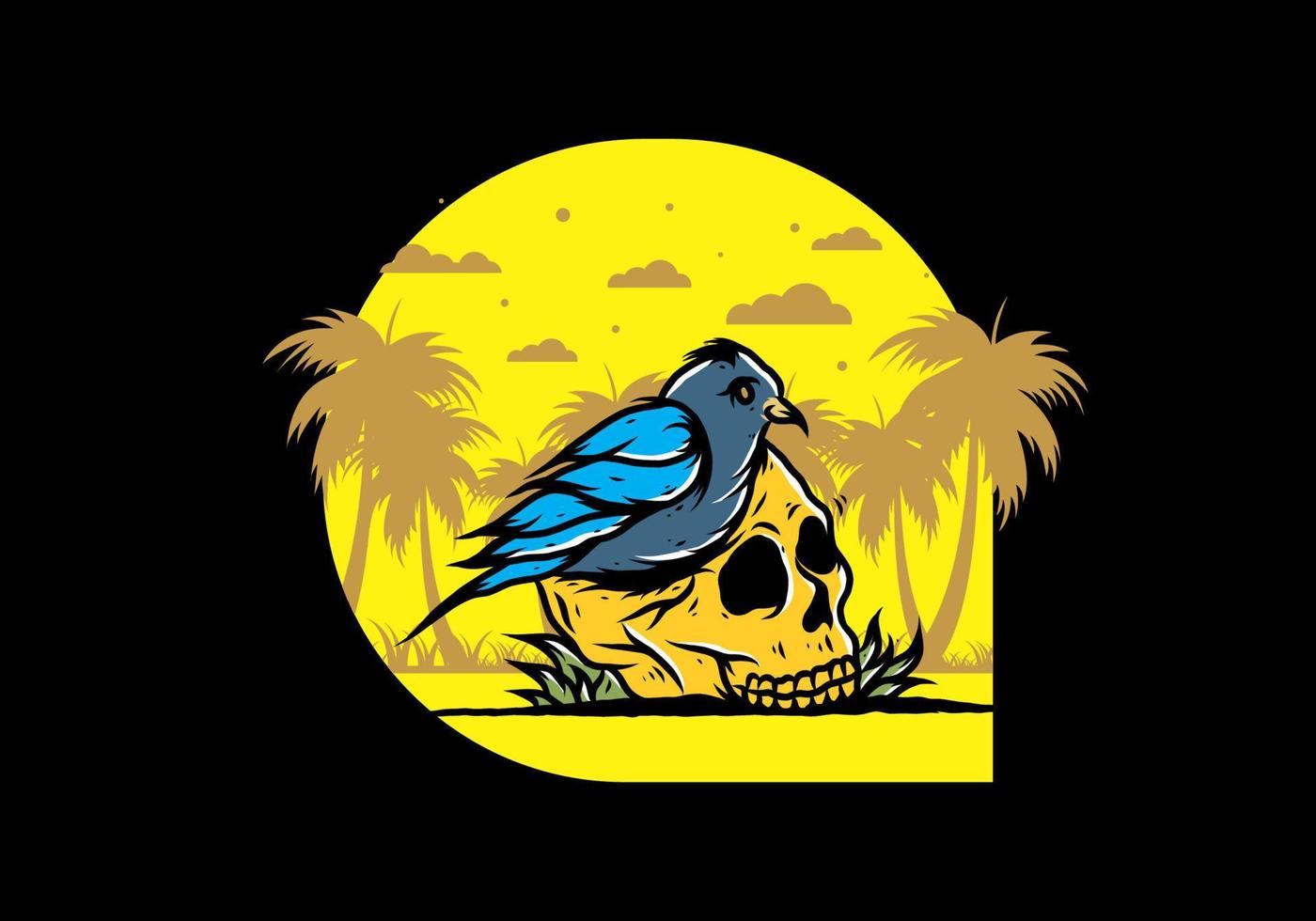 Bird nesting in skull illustration vector