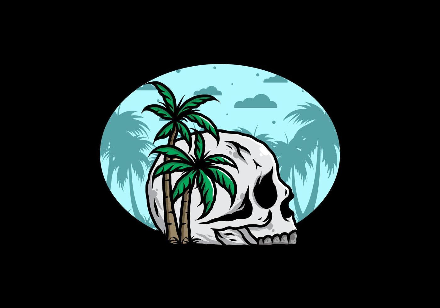 Skull head under coconut trees illustration vector