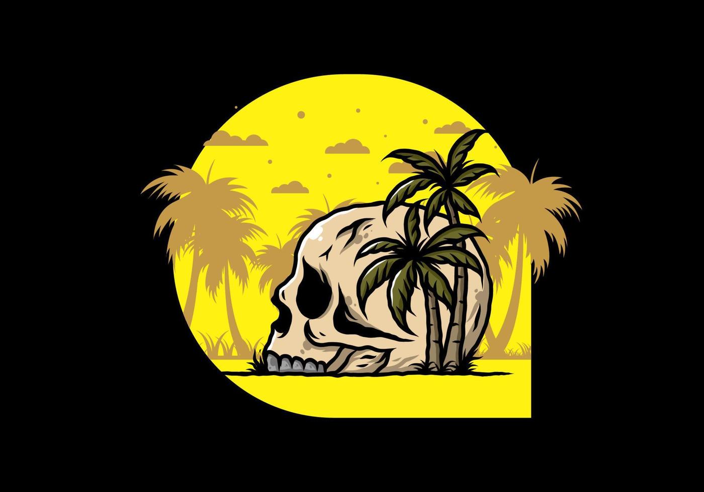 Skull head under coconut trees illustration vector