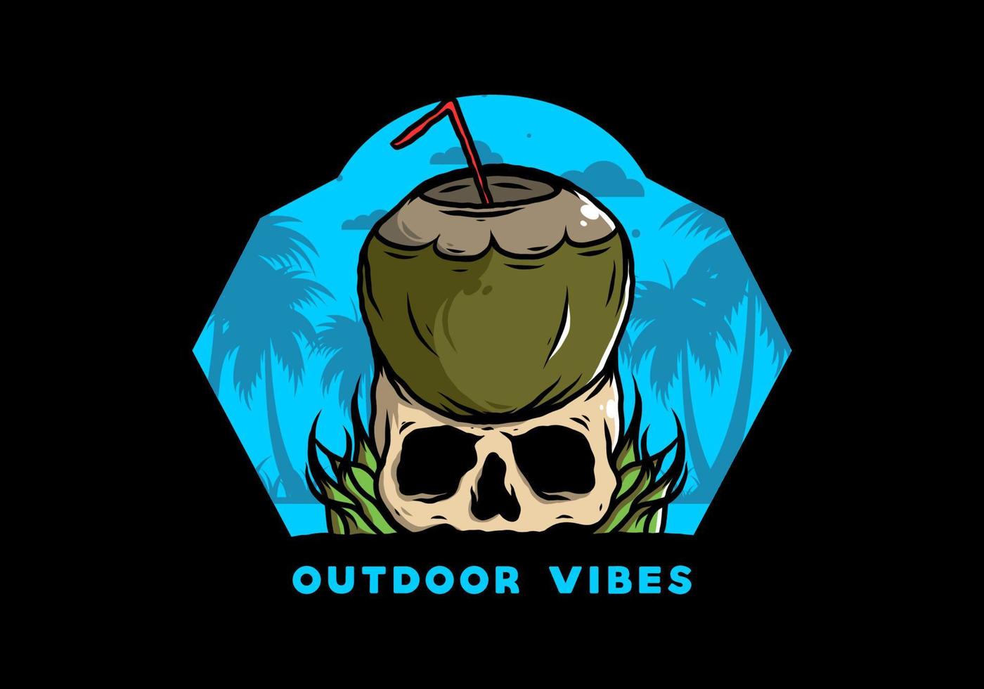 Coconut drink on human skull illustration vector