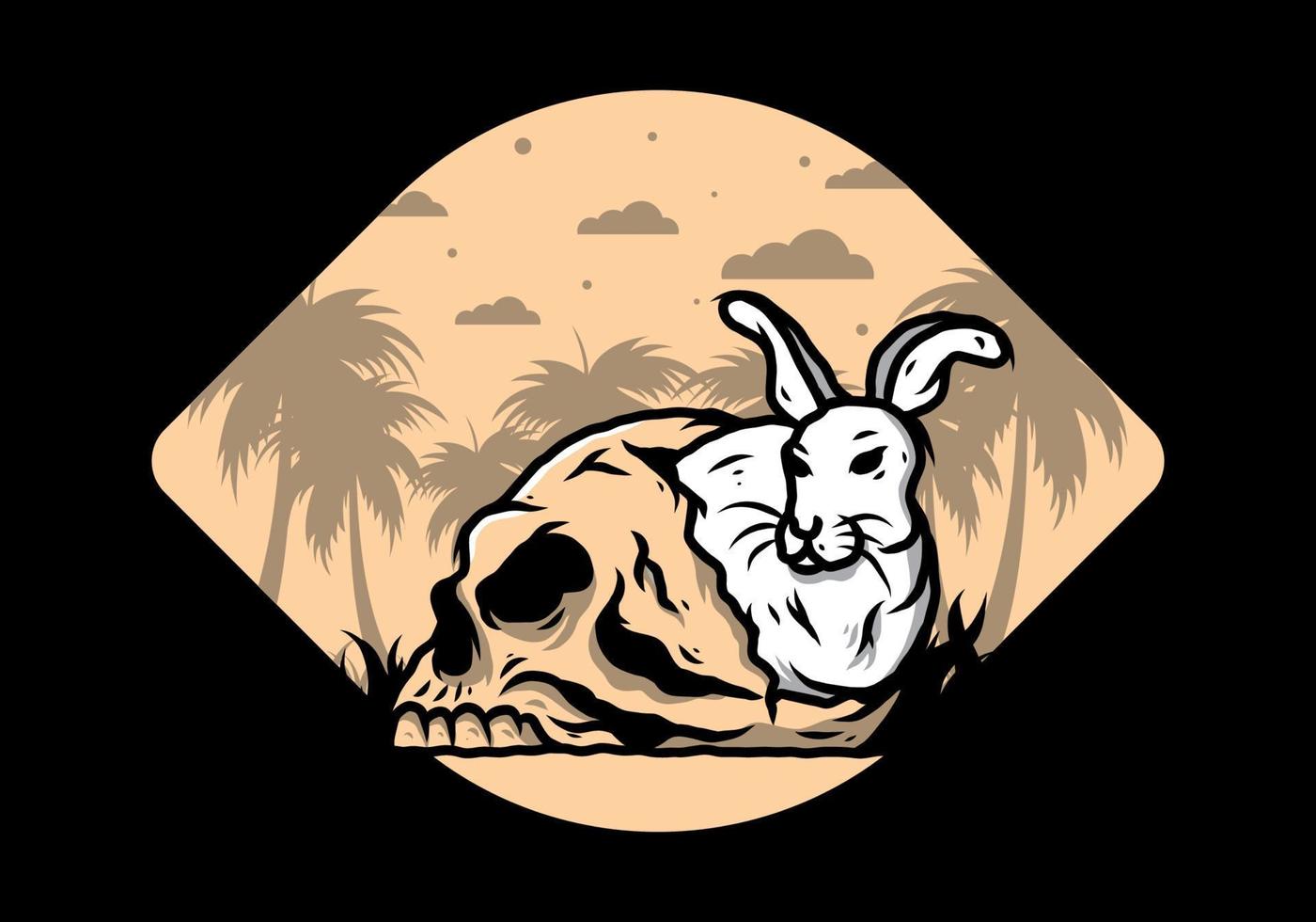 Rabbit hiding inside human skull illustration vector