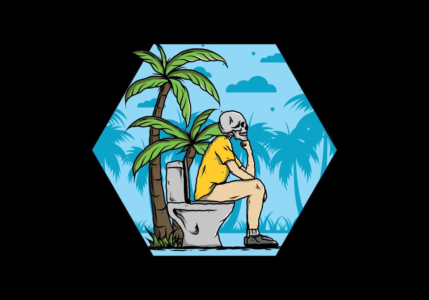 Skeleton man sit on outdoor toilet illustration vector