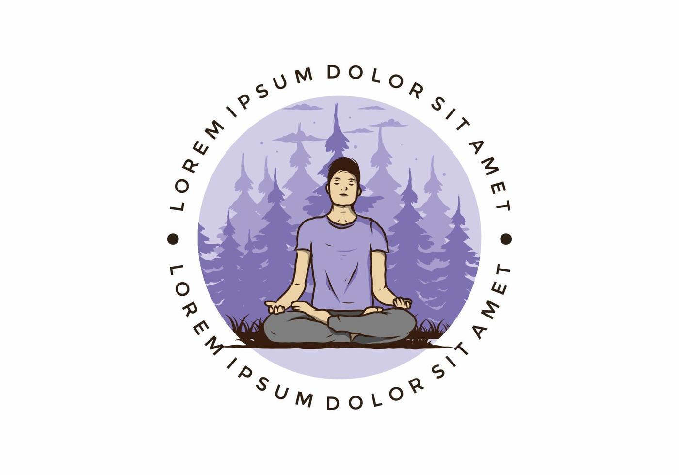 ilustración de alguien haciendo yoga y meditando al aire libre en un bosque en la naturaleza entre pinos vector