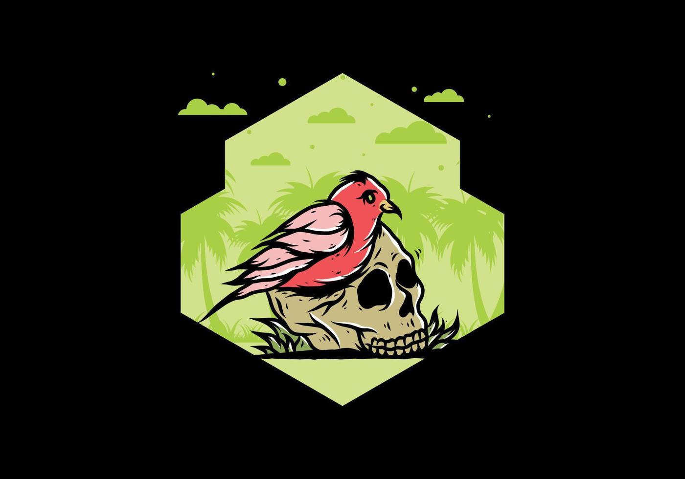 Bird nesting in skull illustration vector