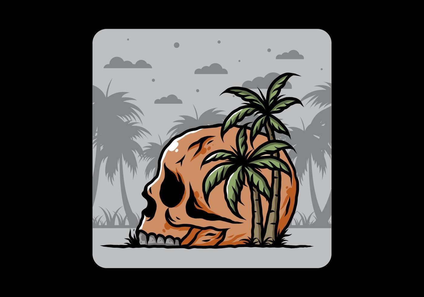 cabeza de calavera bajo la ilustración de árboles de coco vector