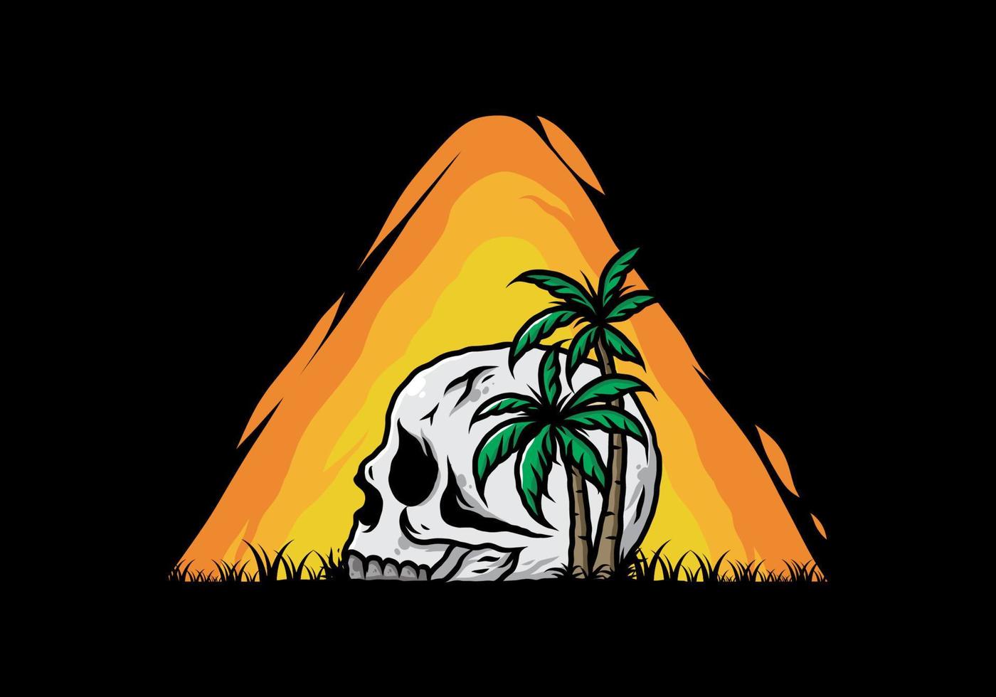 Skull head under coconut trees illustration vector