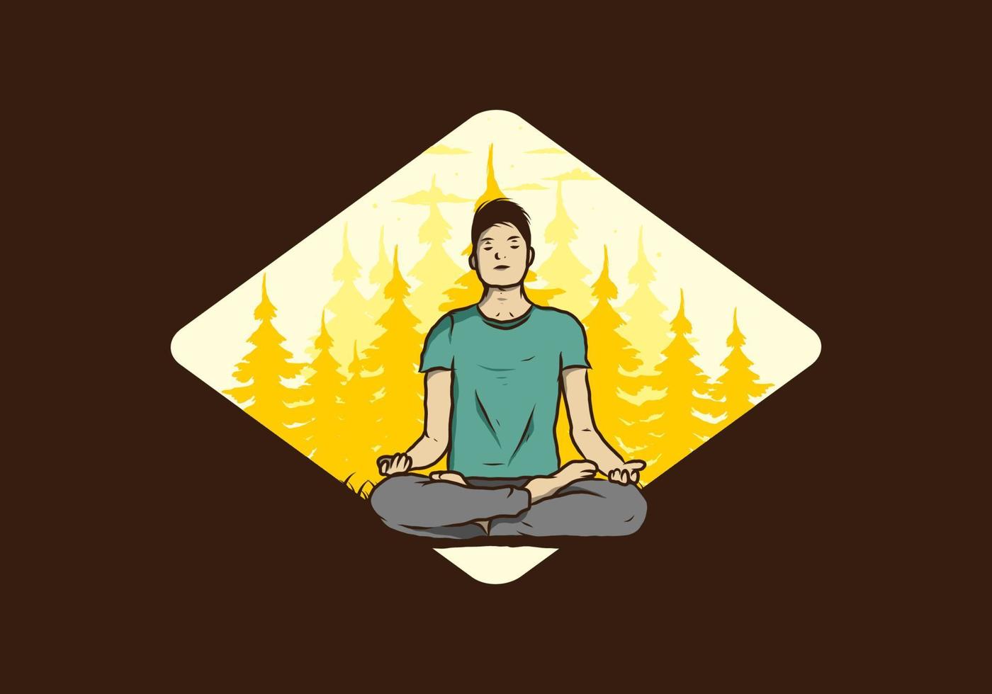 ilustración de alguien haciendo yoga y meditando al aire libre en un bosque en la naturaleza entre pinos vector