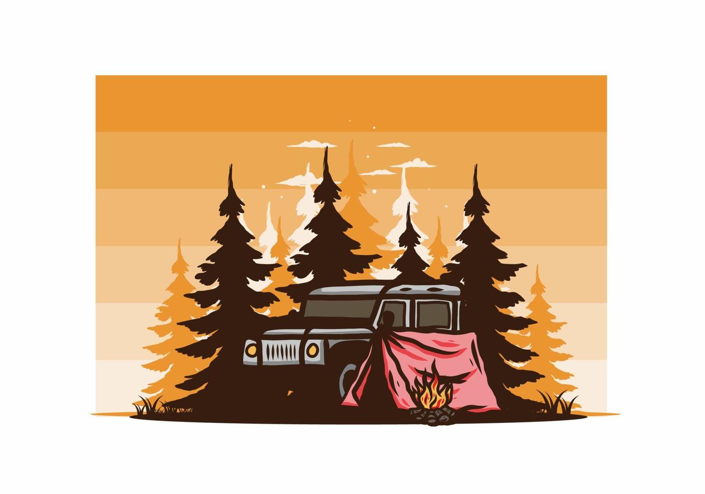 Camping beside the car in the forest illustration vector