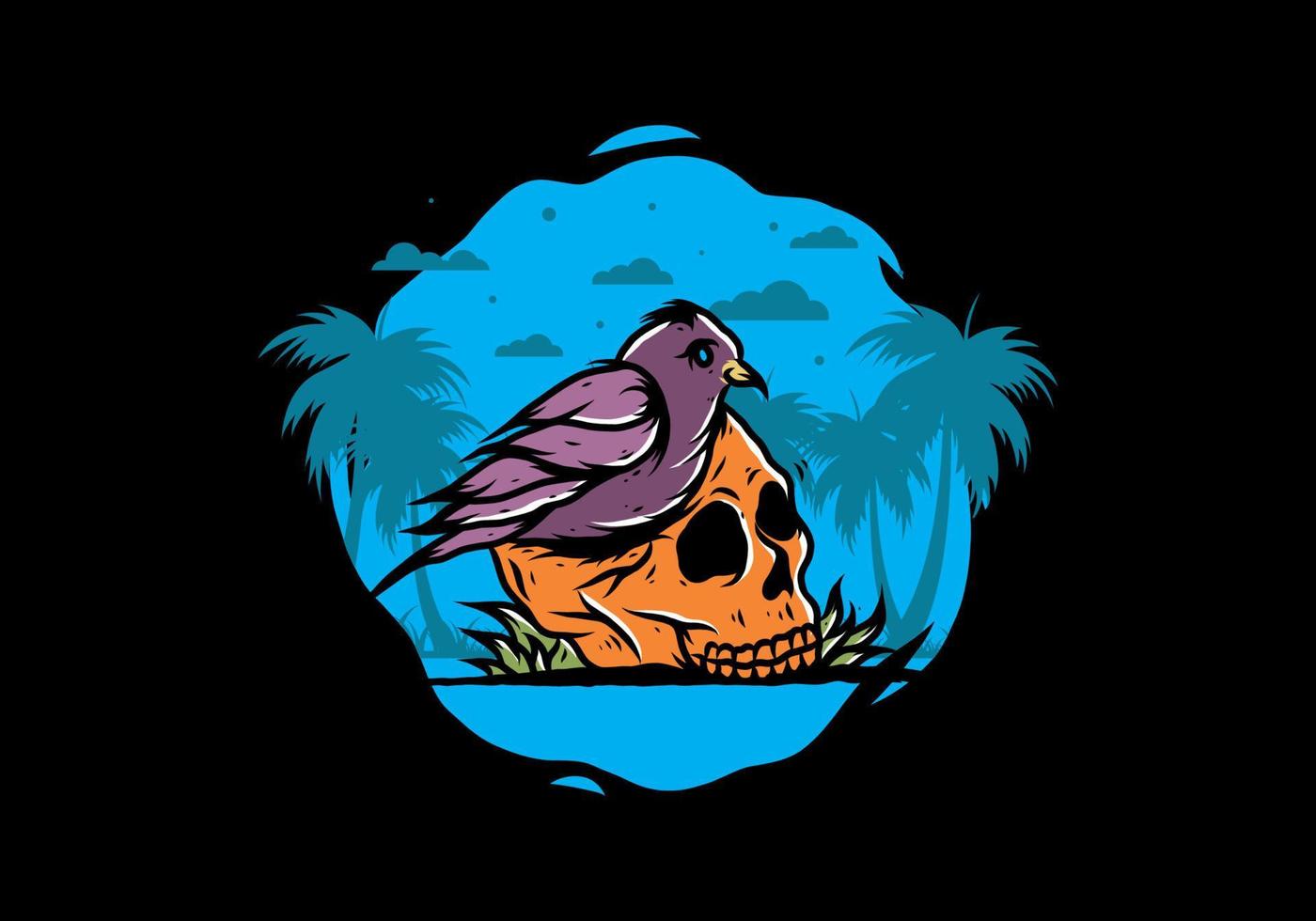 Bird nesting in skull illustration vector