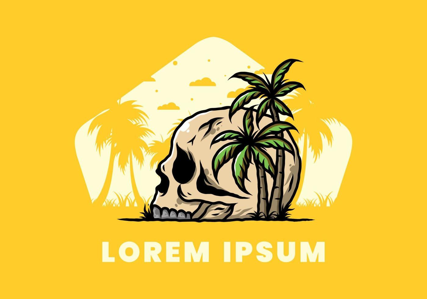 Skull head under coconut trees illustration vector