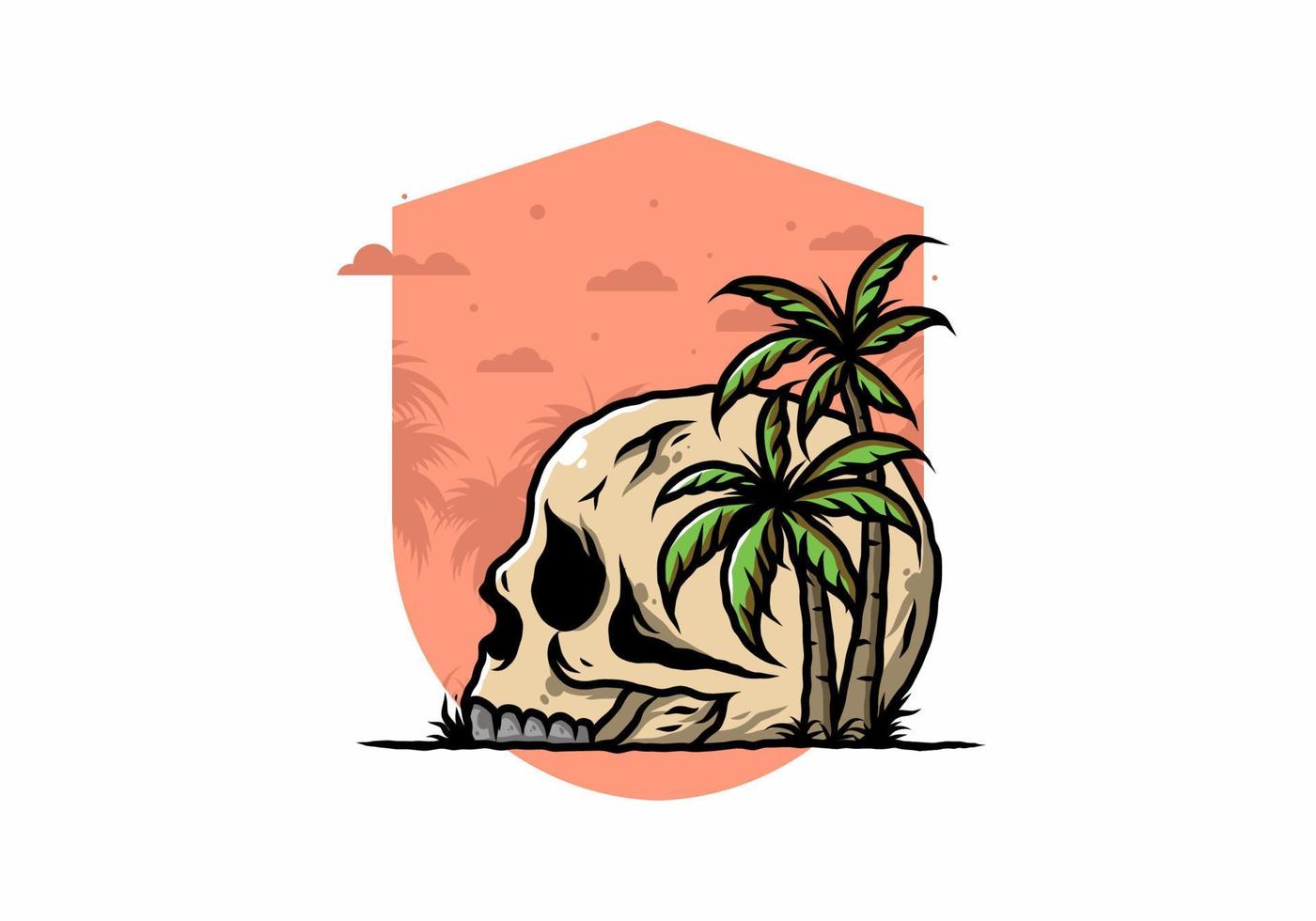 Skull head under coconut trees illustration vector