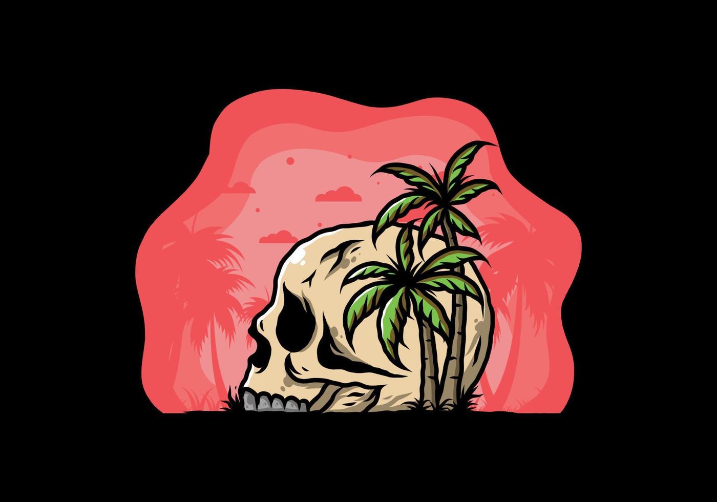 Skull head under coconut trees illustration vector