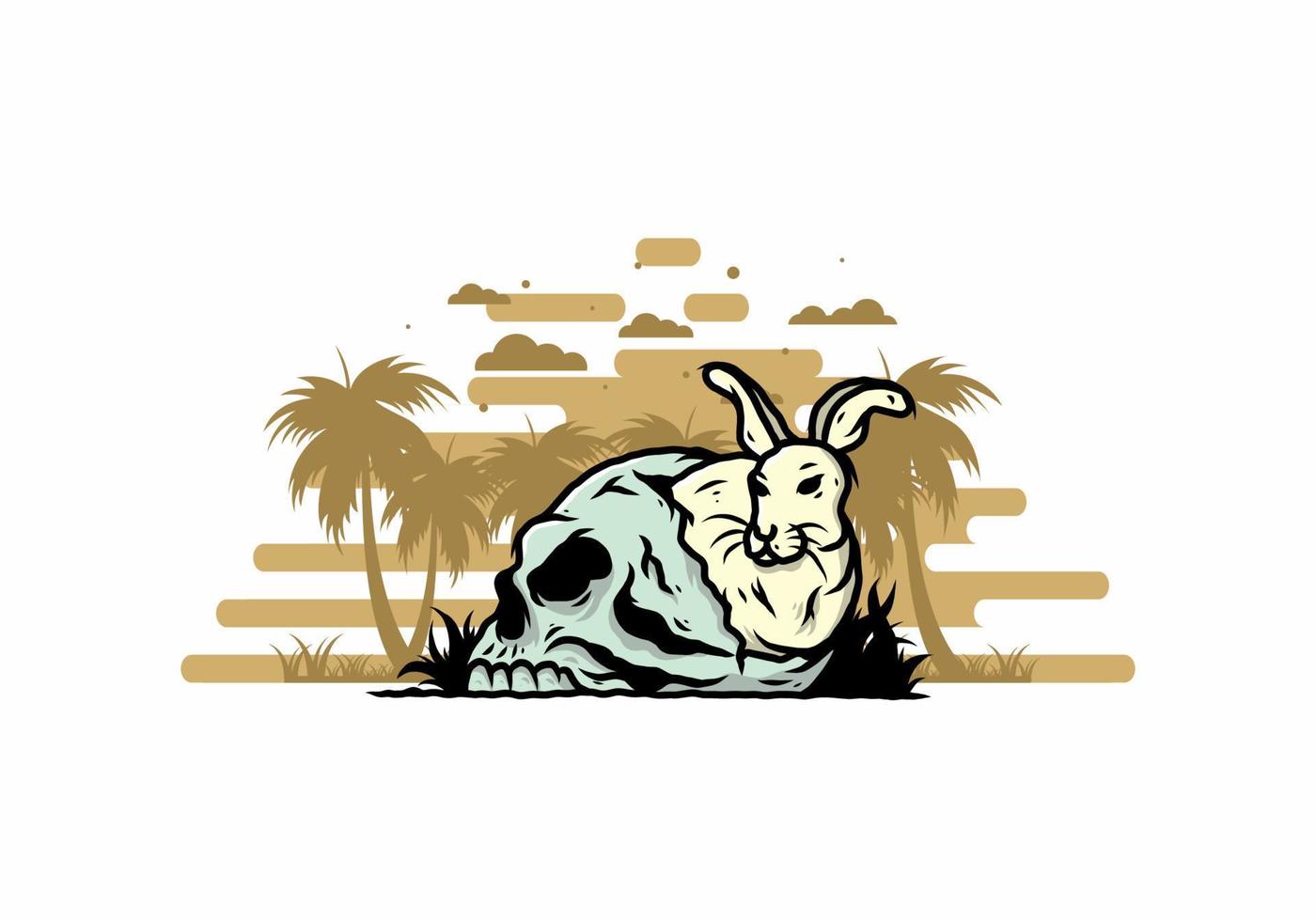 Rabbit hiding inside human skull illustration vector