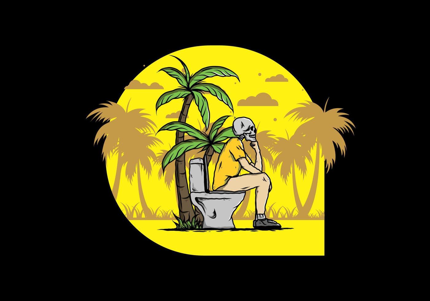 Skeleton man sit on outdoor toilet illustration vector