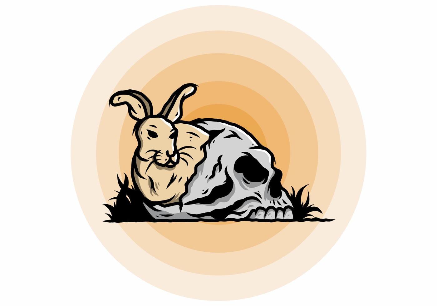 Rabbit hiding inside human skull illustration vector